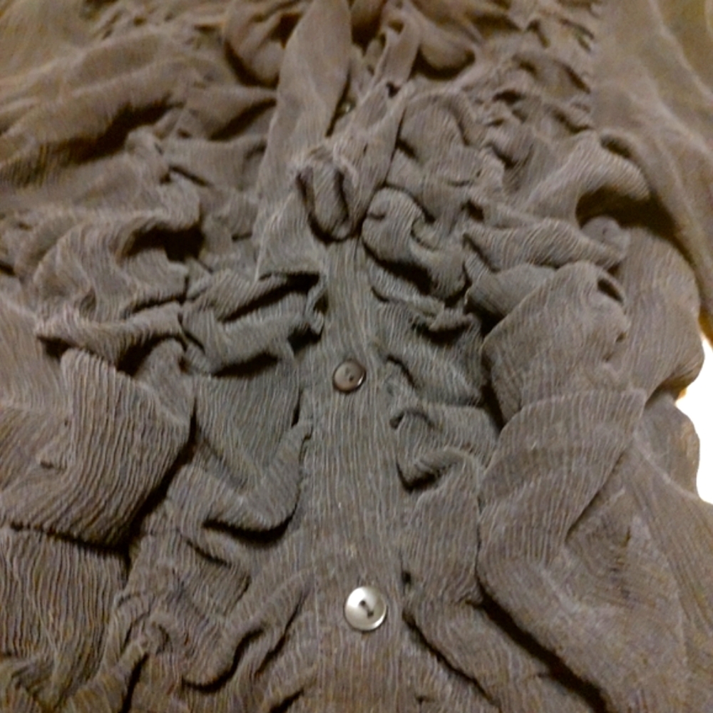 🐦⬛🖤🐦⬛ Divine Vintage Genuine Silk Black Sheer Ruffled Bow Blouse Top - 12 - Picture 12 of 16